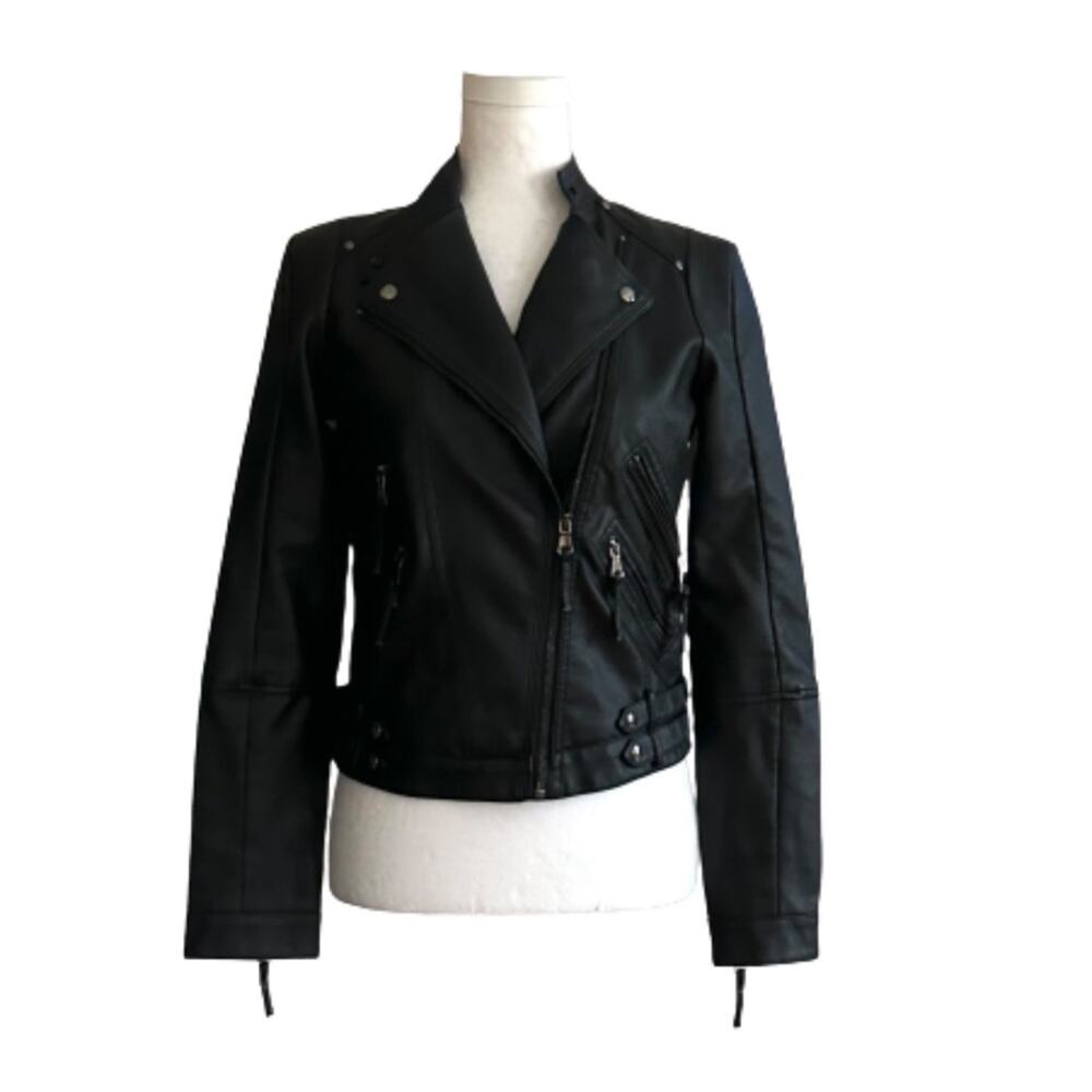 Fashion Nova Moto Jacket Black Faux Leather Zipper Accents Fitted Coat Medium